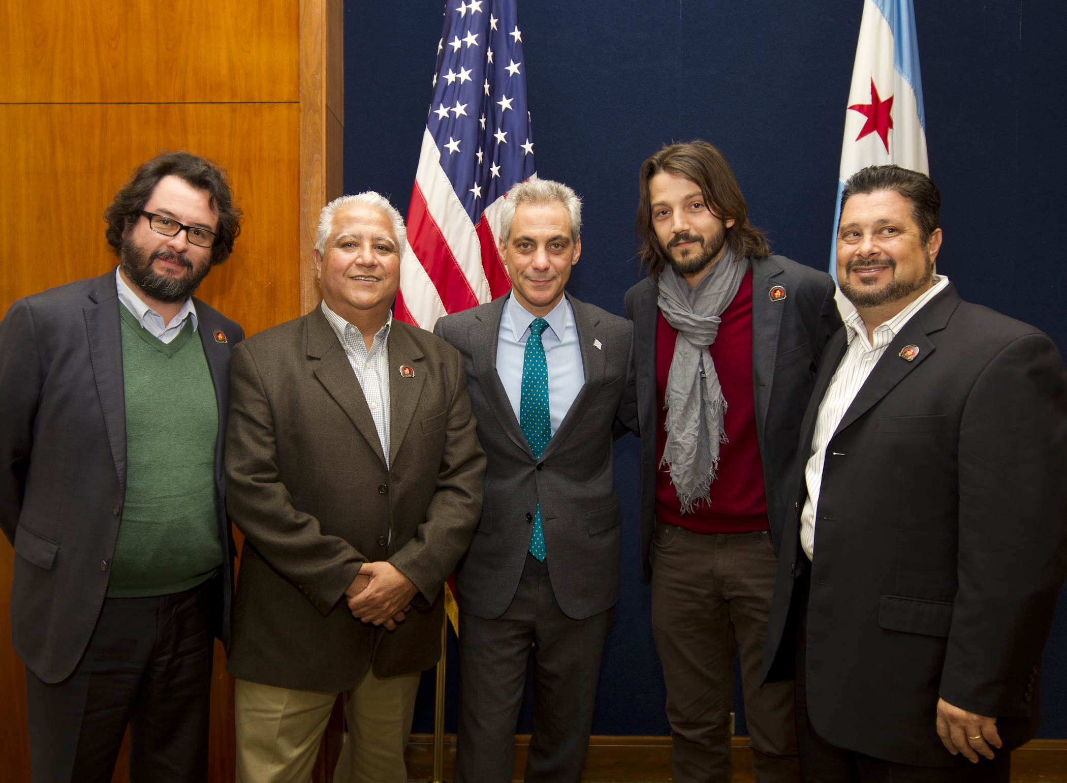 Chicago Mayor Rahm Emanuel meets with Paul Chavez, President of the Cesar Chavez Foundation and film director Diego Luna. 